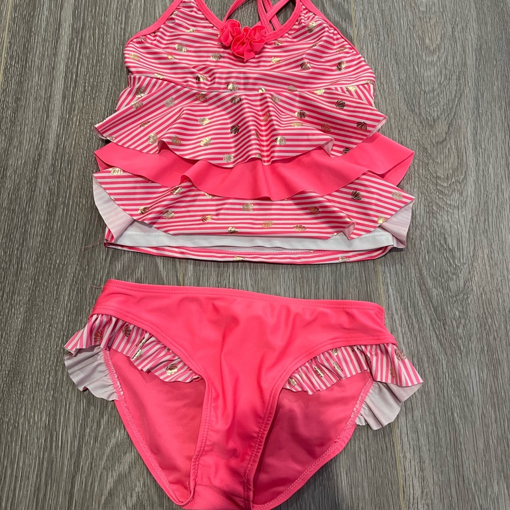 Pink Striped Kids Bikini with Ruffles